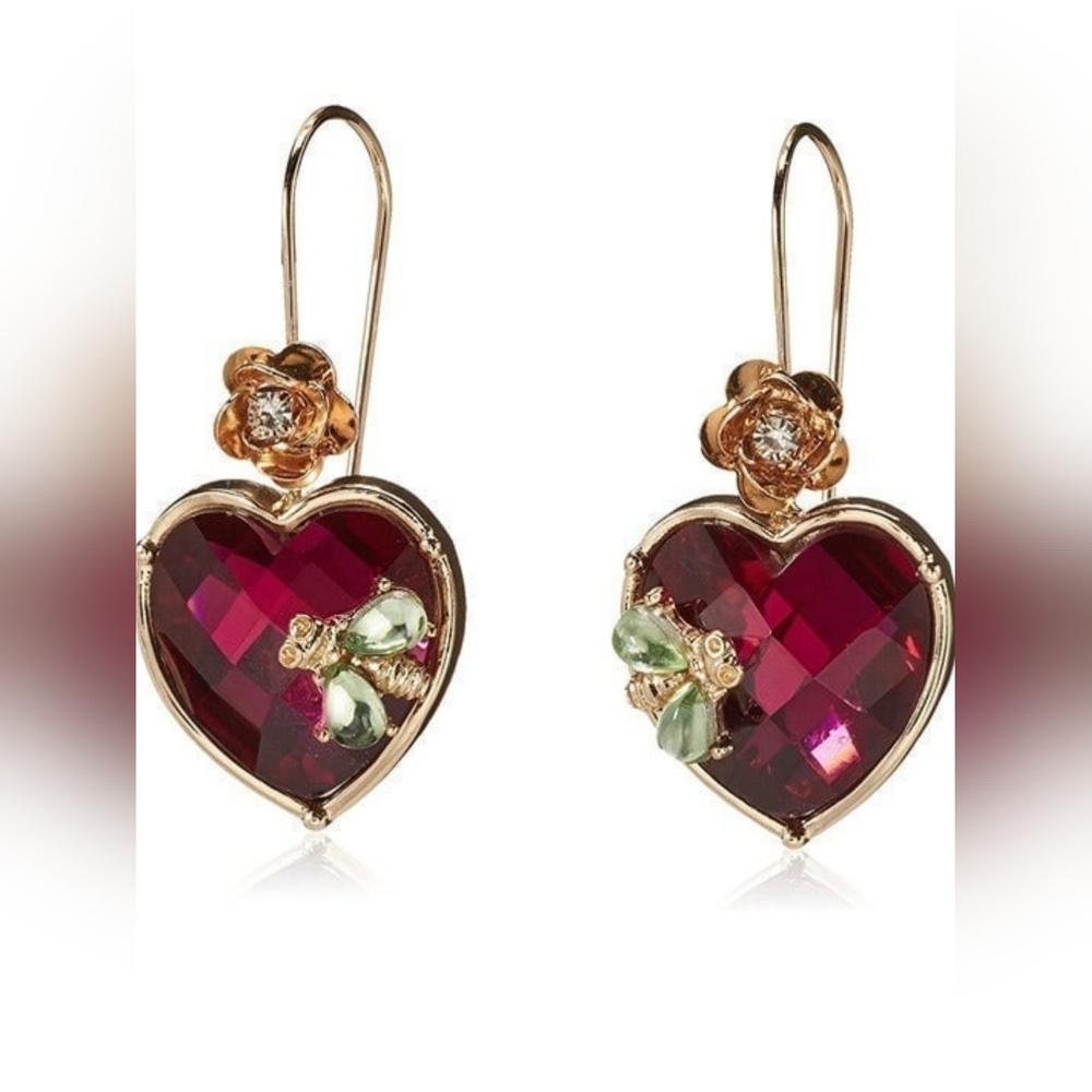 Betsey Johnson Stone Heart Gold Frame Drop Earrings